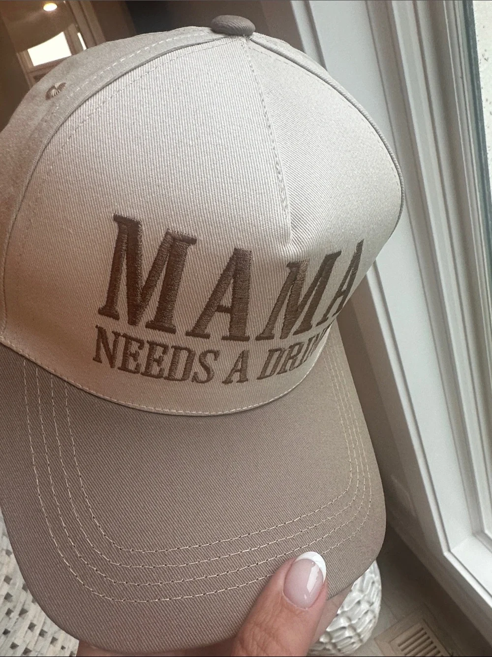 Mama Needs a Drink Embroidered Trucker Hat - Taupe & Cream
